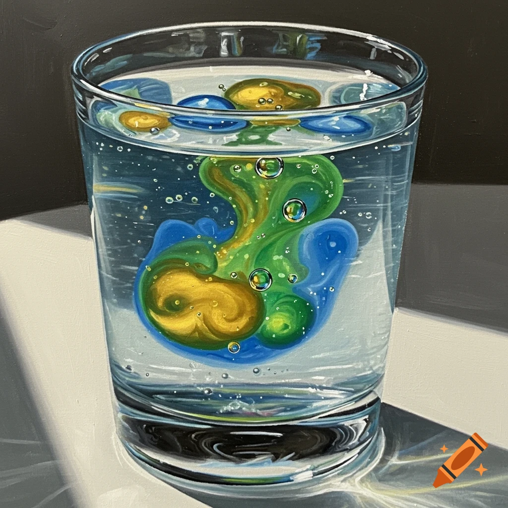 Photorealistic still life of oil in a glass of water, with swirling blue, green, and gold liquids and bubbles.