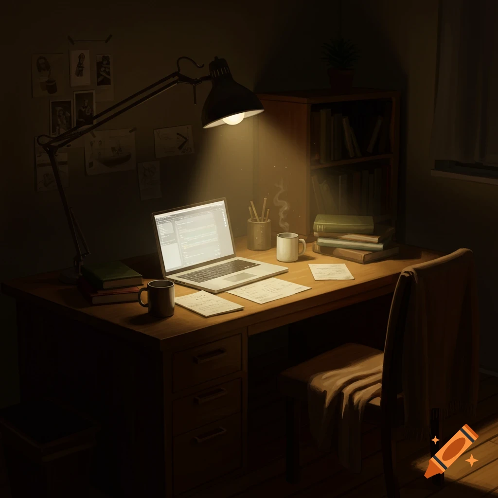 A dimly lit study desk at night with a laptop displaying illegible text, books, and mugs, creating a calm atmosphere.