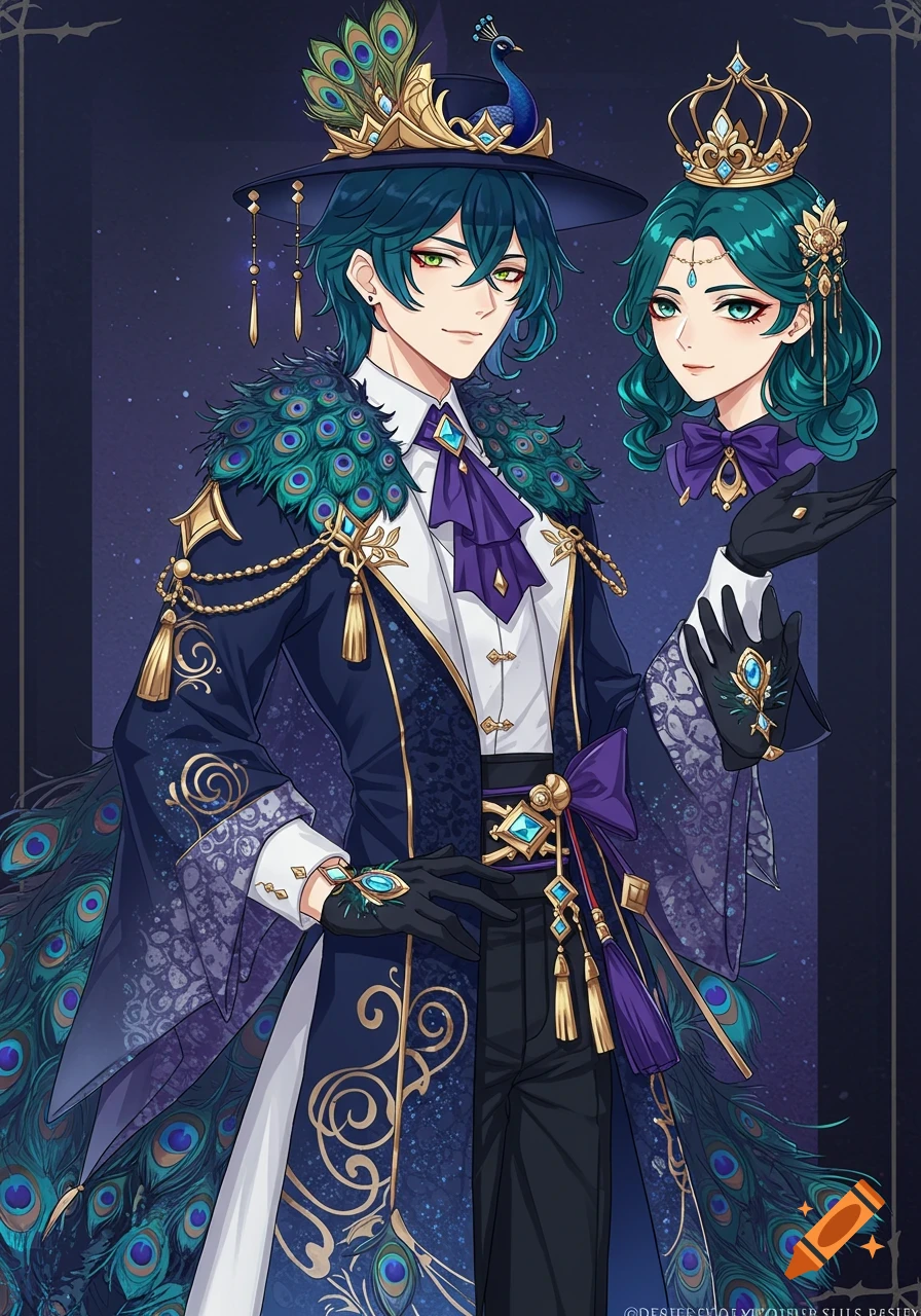 Anime art of a male character in a detailed royal peacock-inspired outfit, with a floating female head, on a starry background.