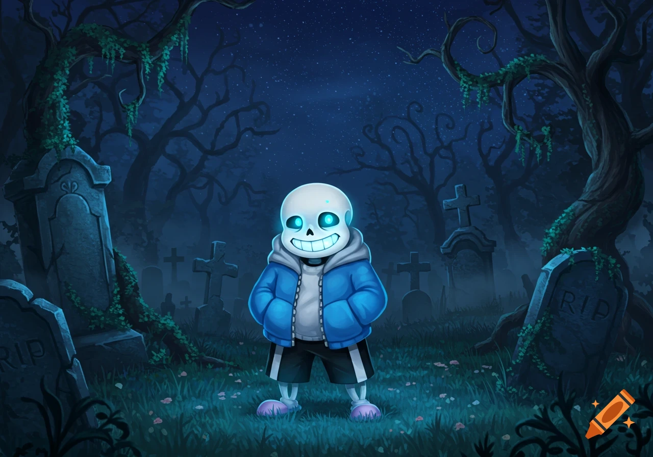 Sans the skeleton smiles with glowing blue eyes in a moonlit graveyard with trees and tombstones.