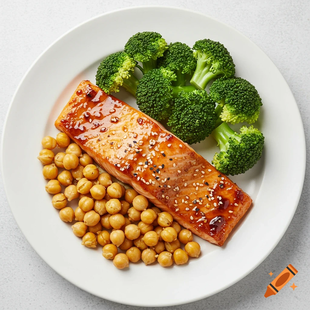 Top-down view of ginger-soy salmon, chickpeas, and steamed broccoli on a white plate, photorealistic.