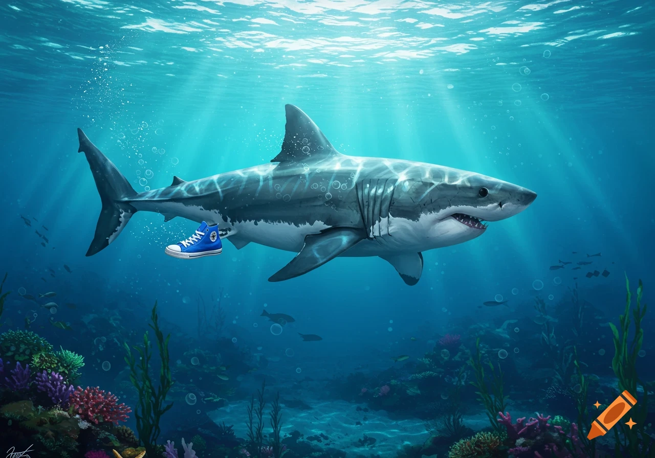 A photorealistic great white shark swims underwater, wearing a blue high-top sneaker on its tail fin.