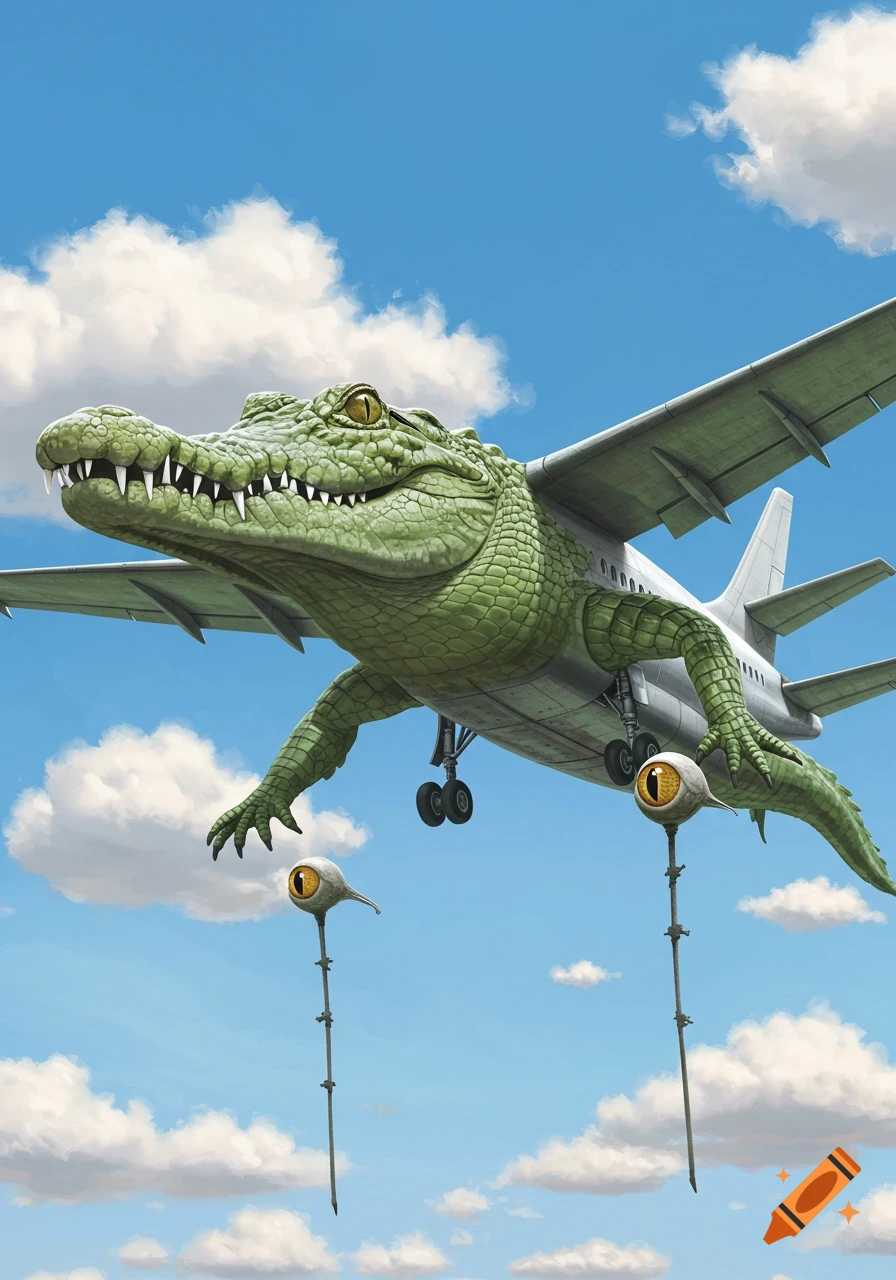 A surreal illustration of a green crocodile body merged with an airplane, flying in a blue sky with clouds, with two stick-like objects with large eyes dangling below.