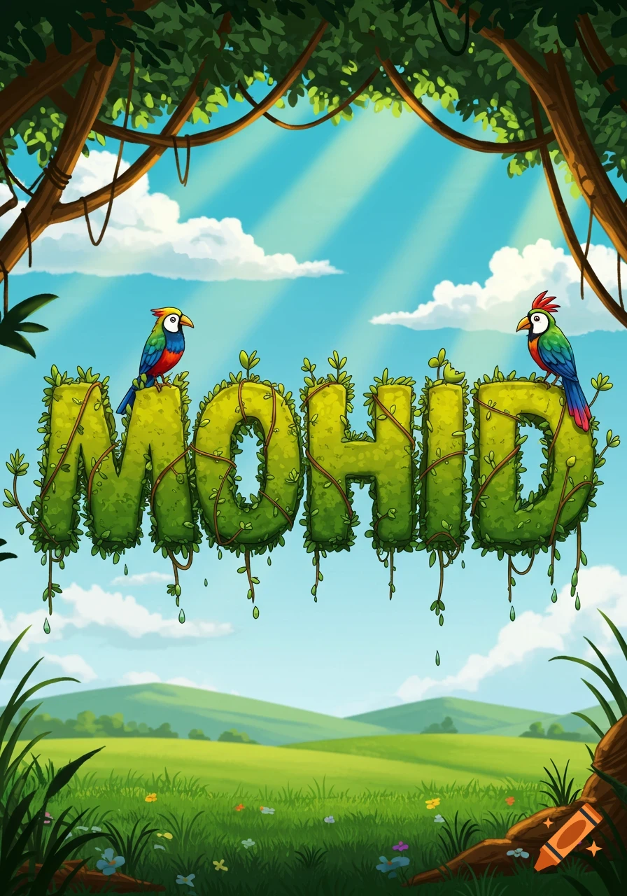 The name MOHID made of green leaves with vines and colorful birds, in a vibrant cartoon jungle under a sunny sky.