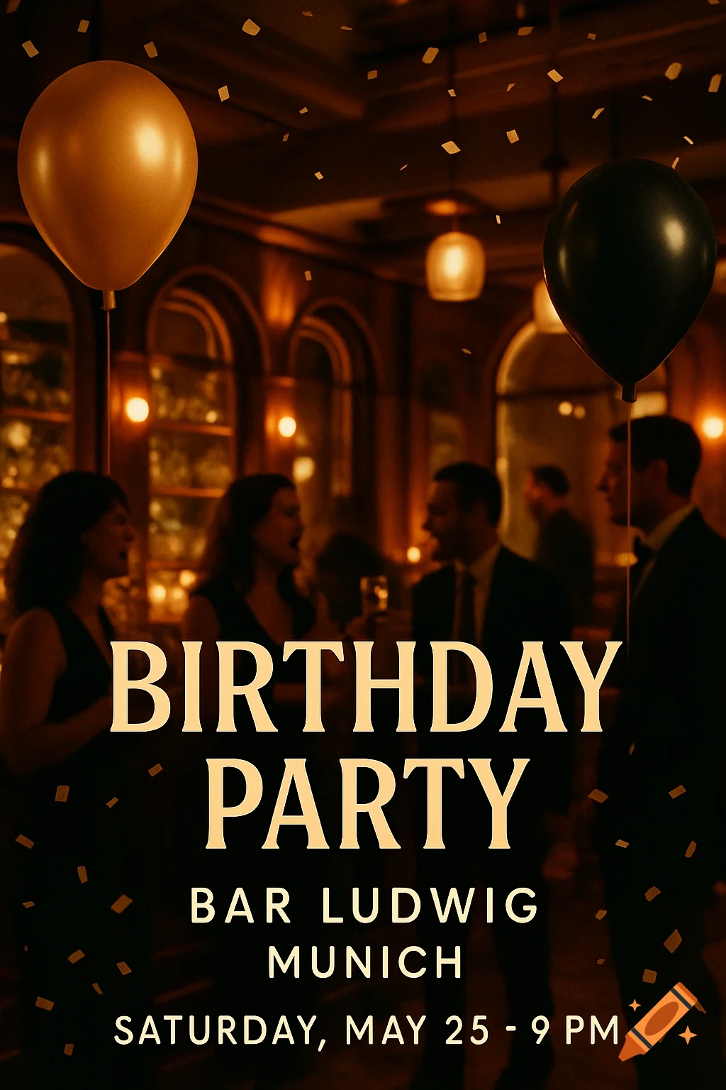 Photorealistic birthday party flyer for Bar Ludwig, Munich, featuring two balloons, confetti, blurred people, and warm lighting.