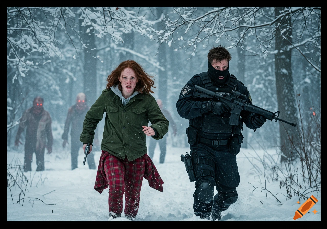A terrified red-haired woman and a masked tactical officer with an M16 run through a snowy forest from glowing-eyed zombies in a photorealistic scene.