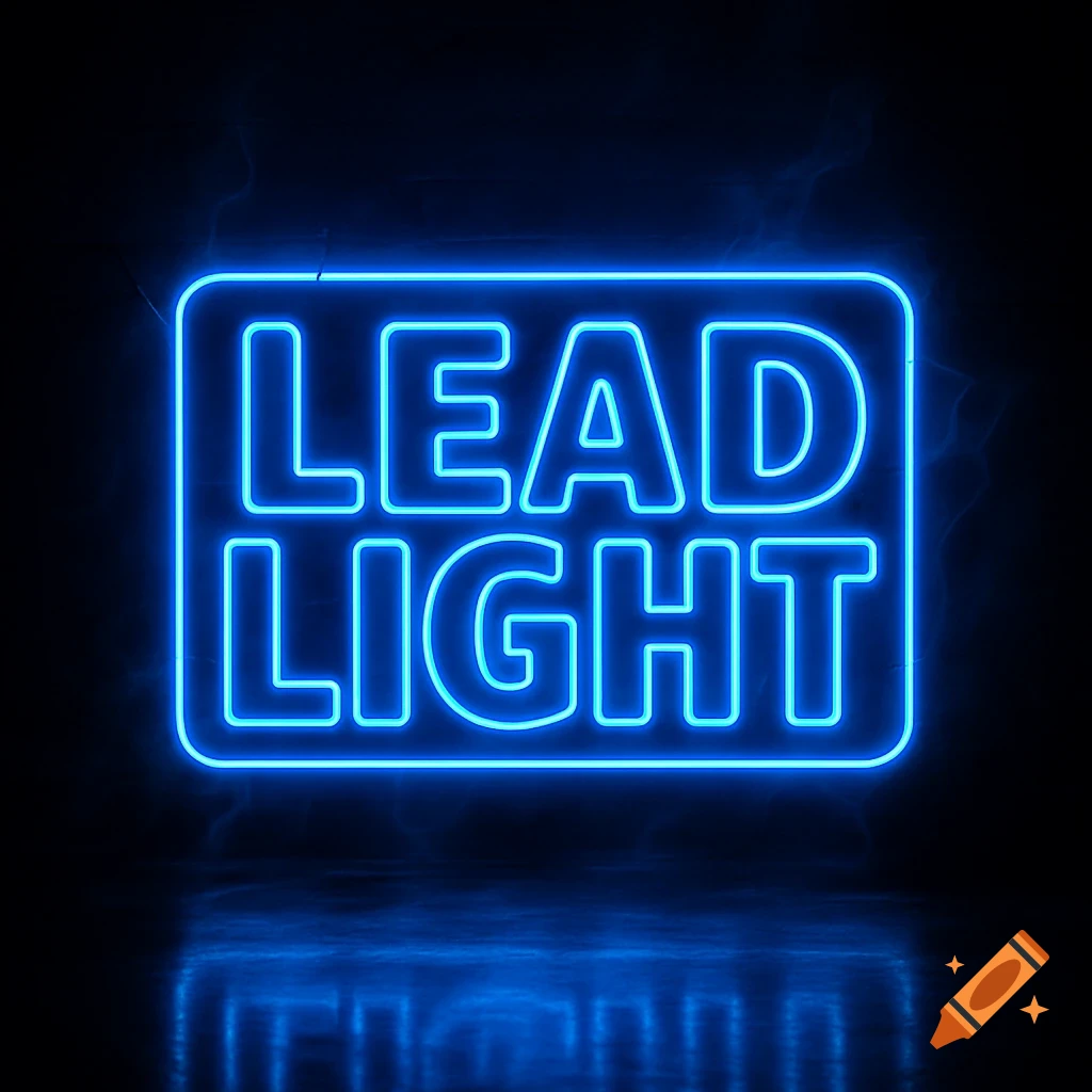 Blue neon sign with the words LEAD LIGHT, reflecting on a dark surface.