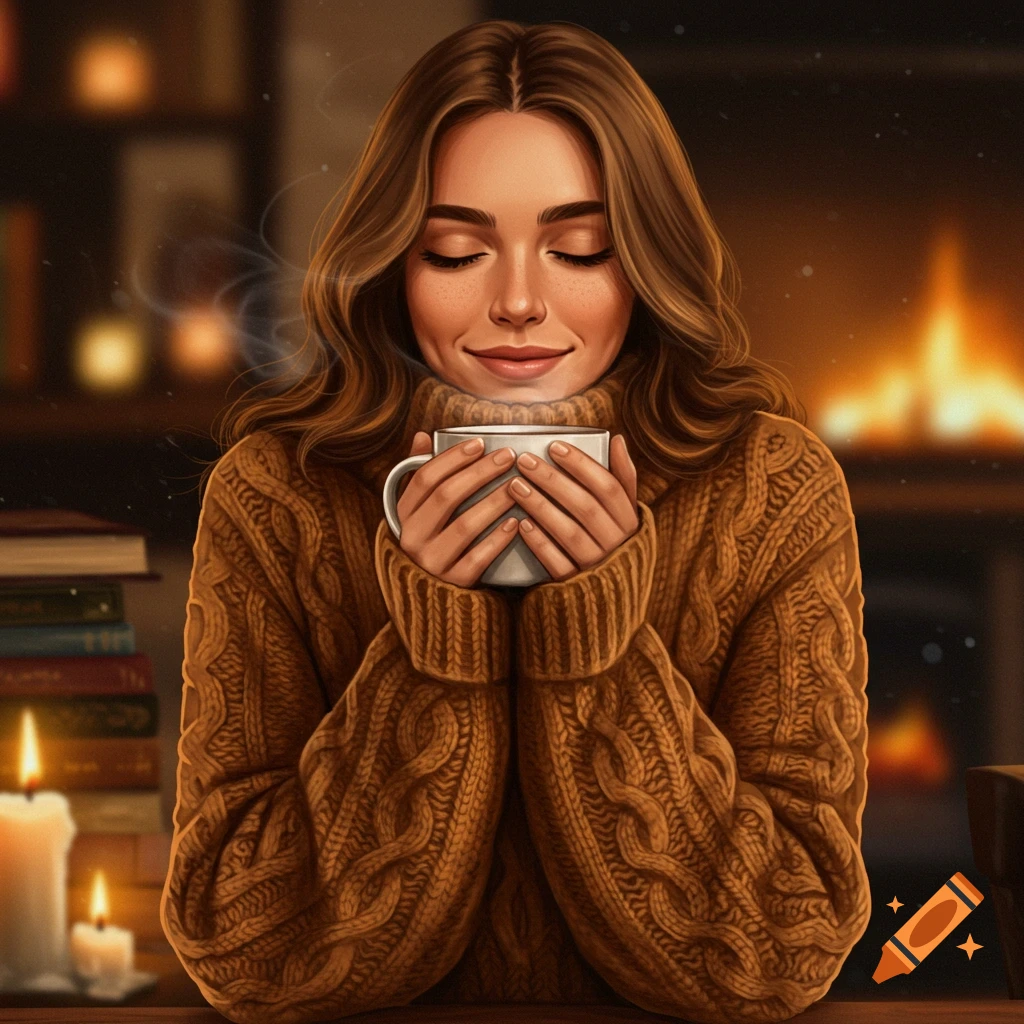 An illustration of a woman in a brown cable-knit sweater holding a steaming white mug with both hands, in a cozy room with a fireplace and candles.