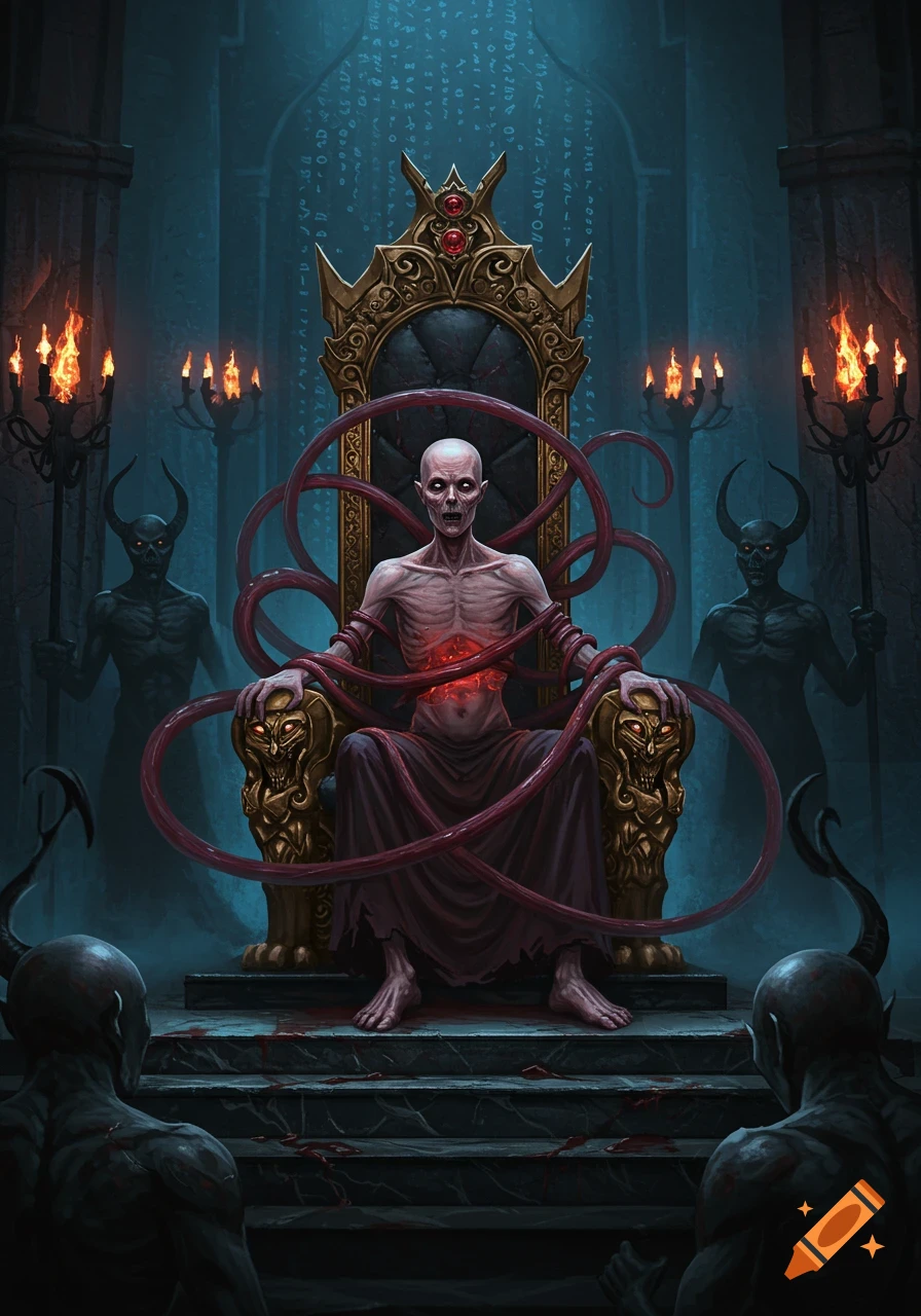 A gaunt, pale wizard with glowing red energy in his stomach sits on a golden throne, bound by red tendrils. Demon-like figures stand guard in a dark, candlelit hall.