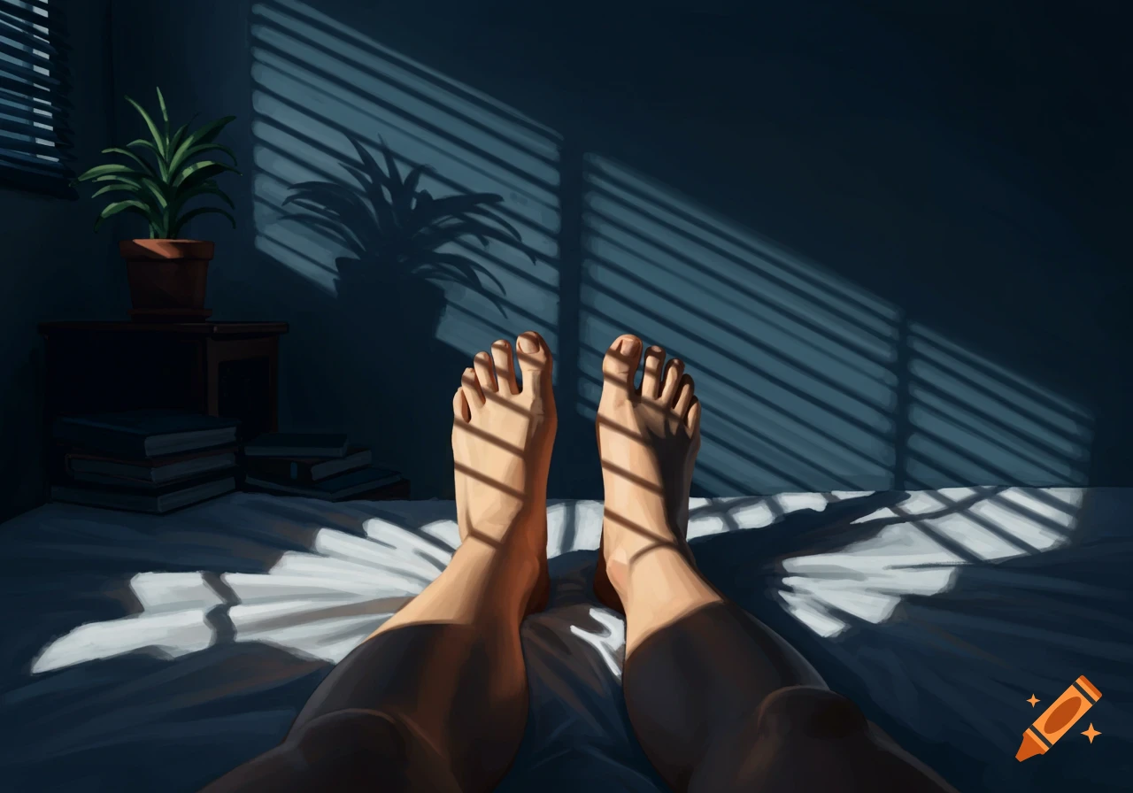 POV of feet on a bed in a dimly lit room, with striped sunlight from blinds illuminating the scene, a plant on a nightstand.