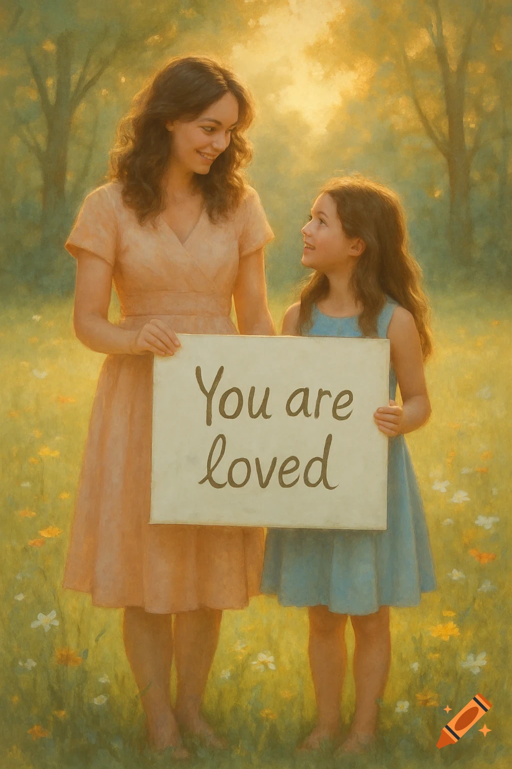 A woman and a young girl in a sunlit field hold a sign that reads 'You are loved', in a painterly style.
