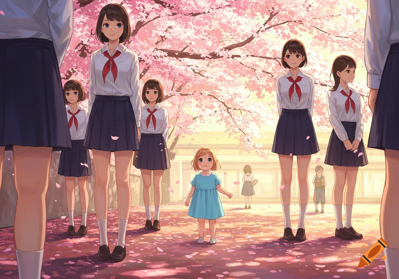 Anime illustration of several schoolgirls and a small child standing under vibrant cherry blossom trees with falling petals.