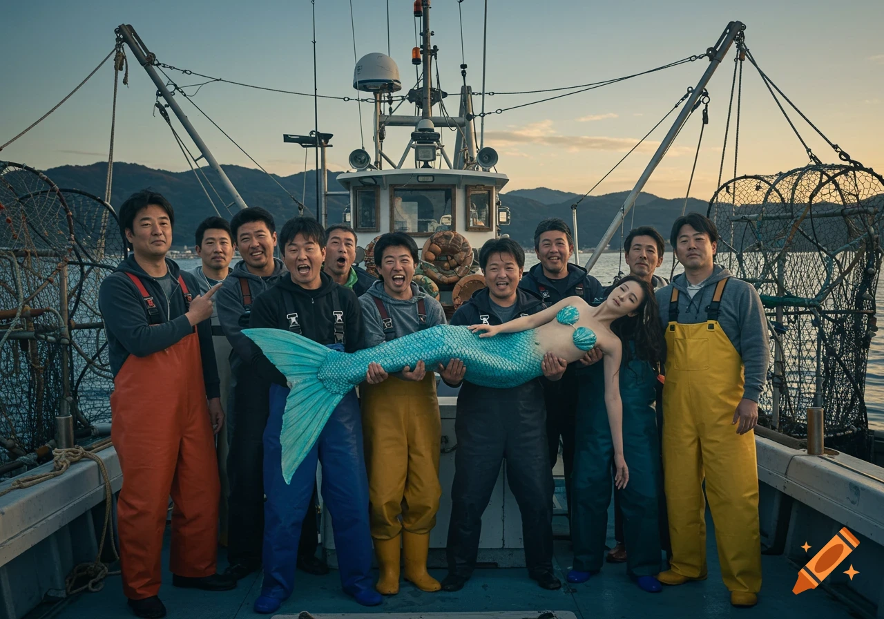 Group of Japanese fishermen on a trawler posing with a smiling mermaid, captured in a photorealistic style at a port.