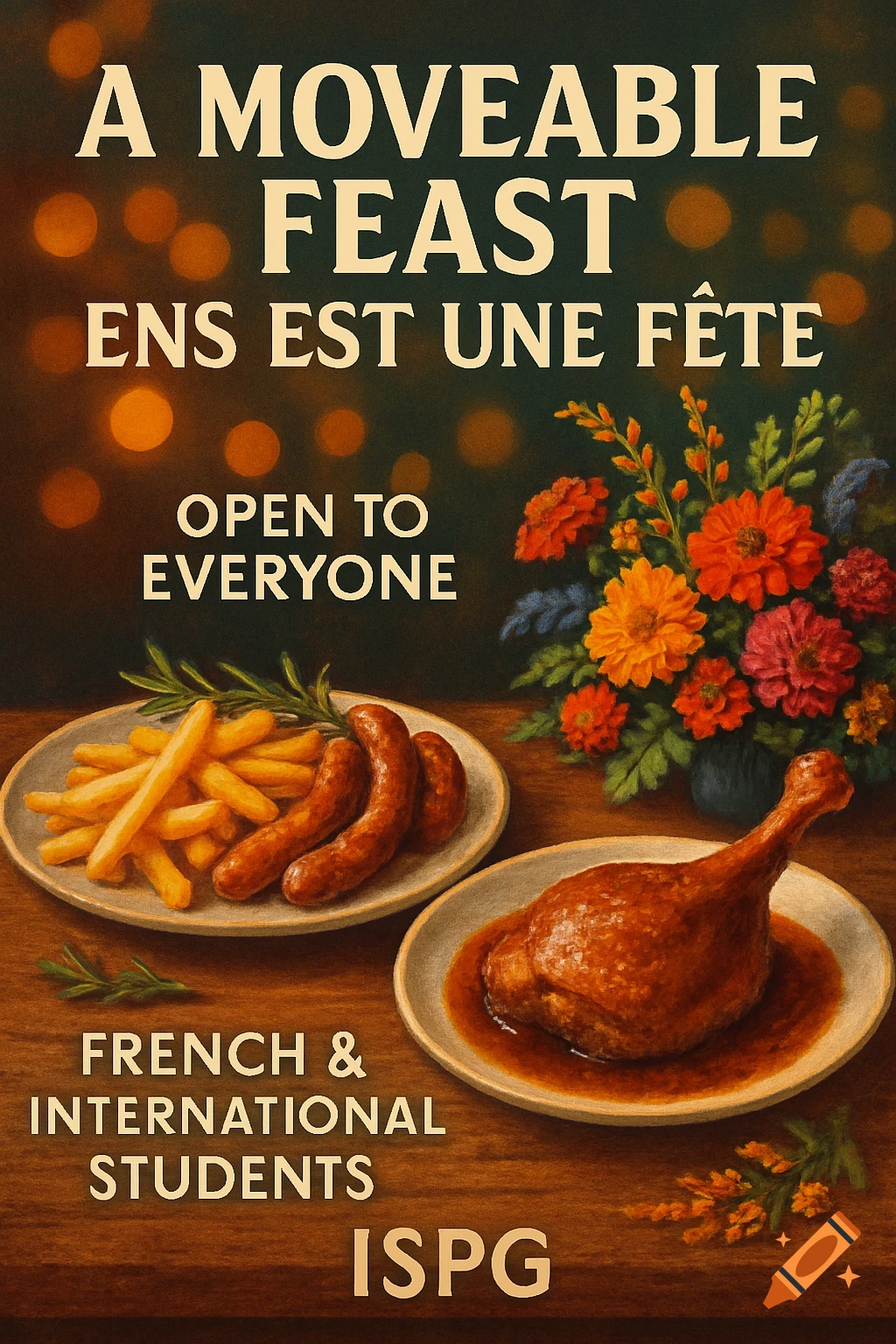 Painterly poster for 'A Moveable Feast' event. Features plates of fries, sausages, and duck leg. Text mentions 'Open to Everyone'.