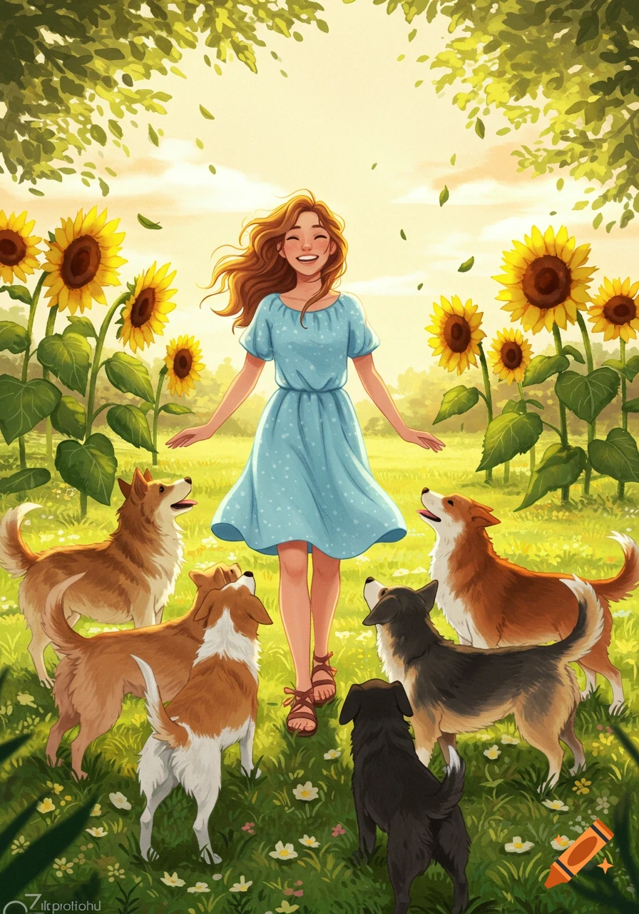 A cheerful illustration of a happy woman in a blue dress surrounded by six dogs in a sunny sunflower field.