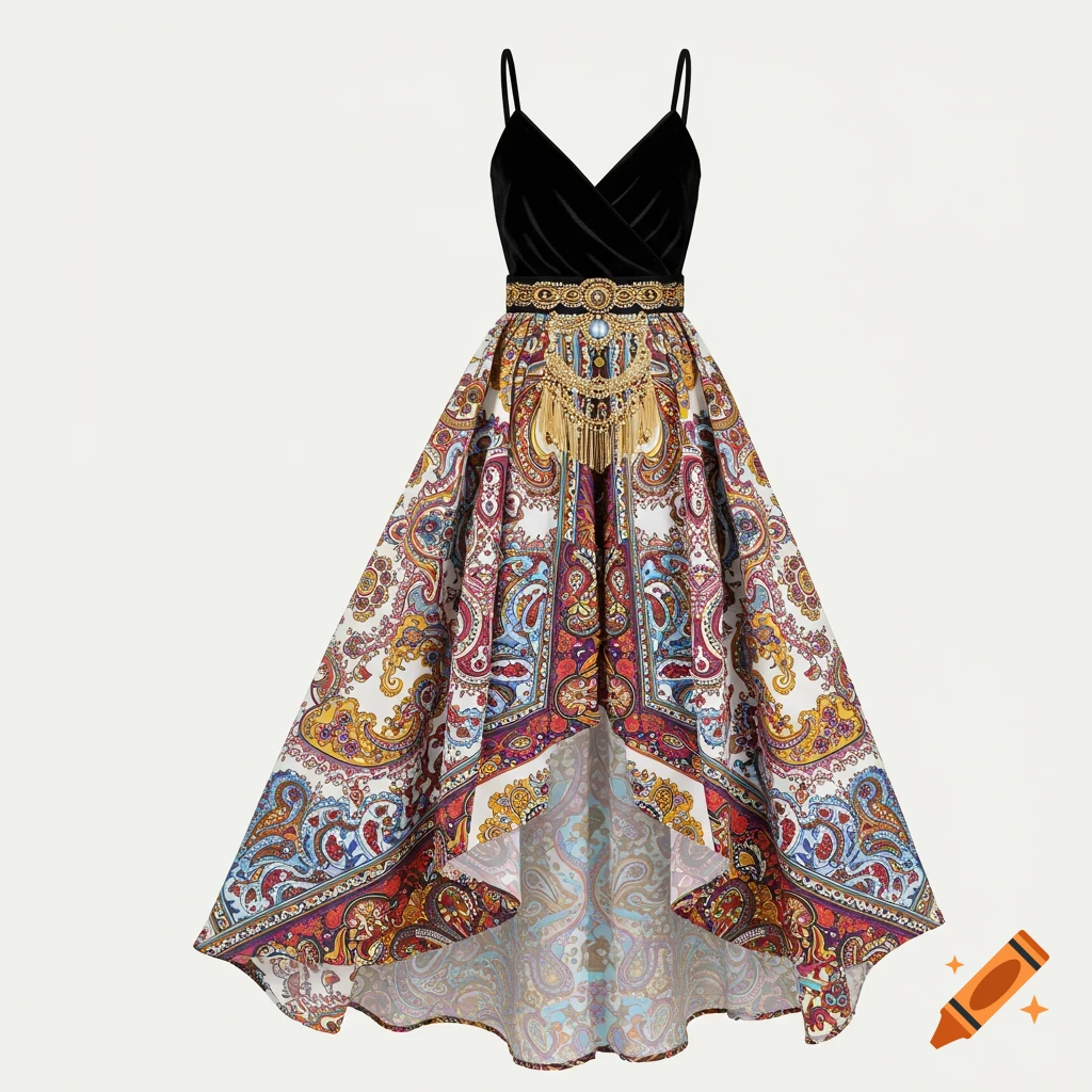 A black velvet bodice dress with a golden embroidered belt and a colorful paisley print high-low skirt on a white background.
