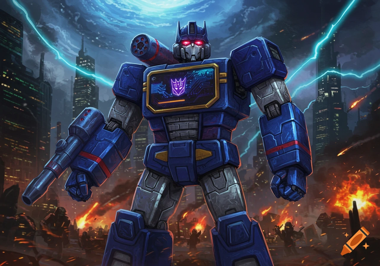 Soundwave, a blue Decepticon robot, stands amidst a city under attack with lightning and explosions, holding a blaster.