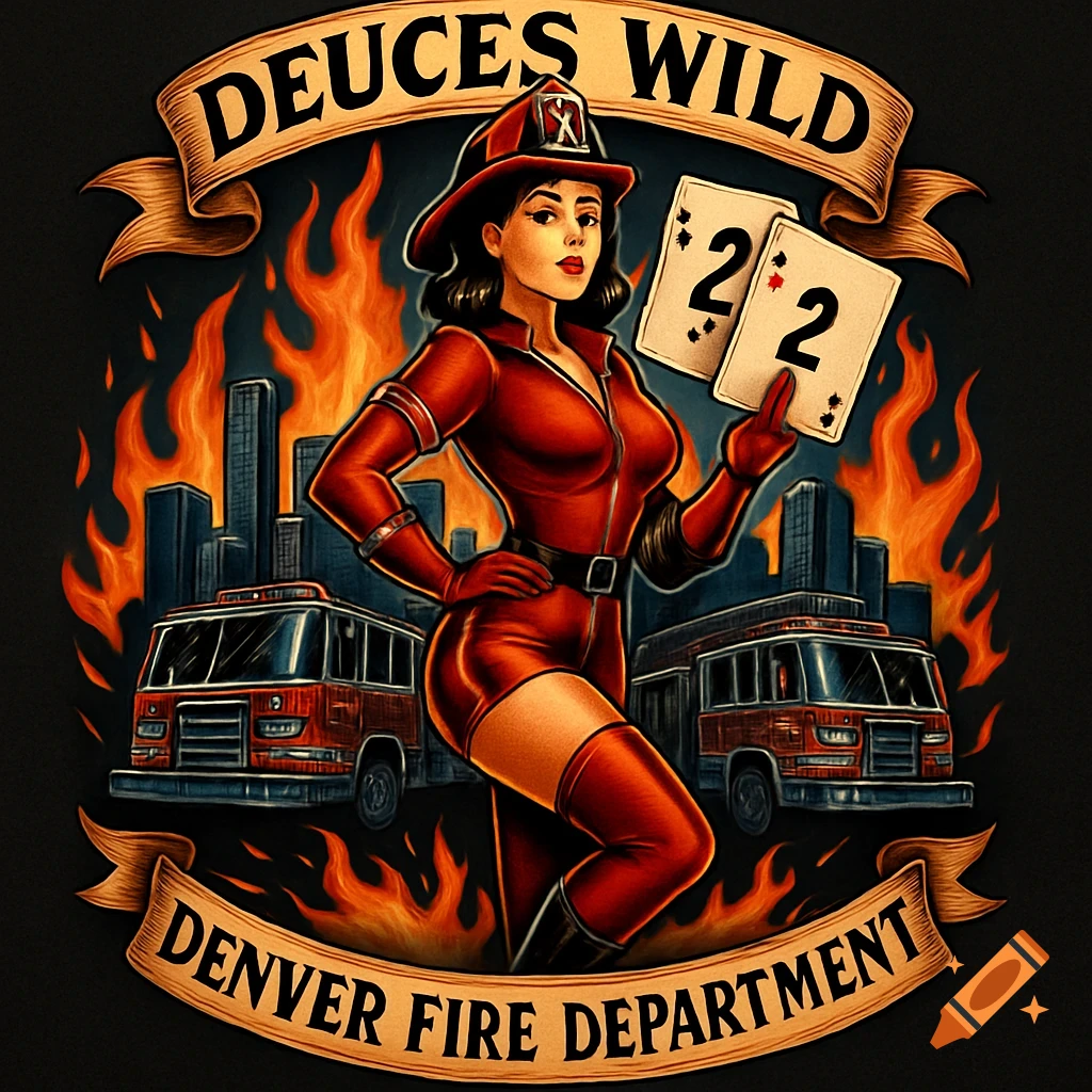 Pin-up style firefighter woman holds deuces cards, with fire trucks and city background. Banners read "Deuces Wild" and "Denver Fire Department".
