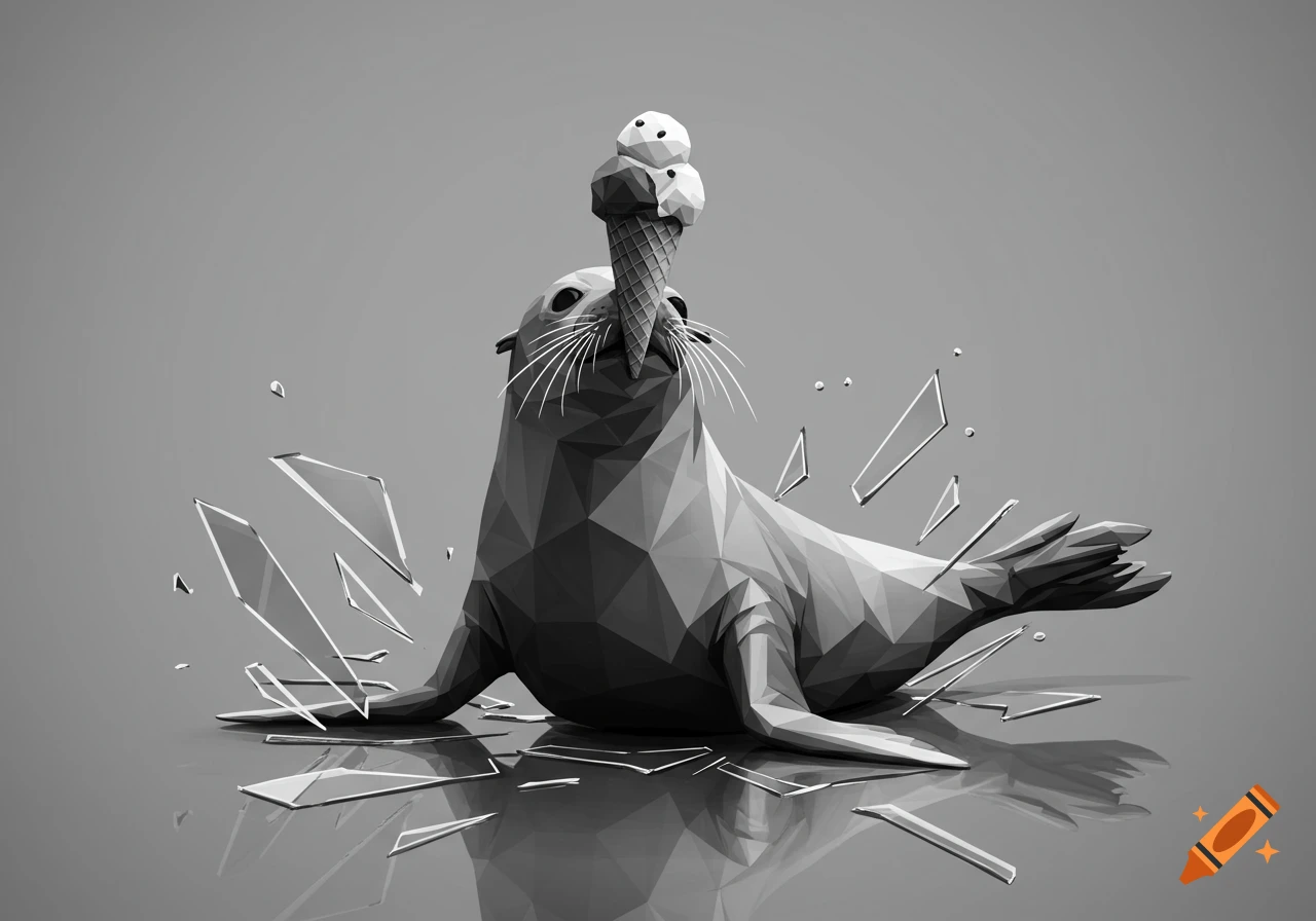 A low-poly grayscale seal balancing an ice cream cone on its nose, surrounded by shattering glass shards.