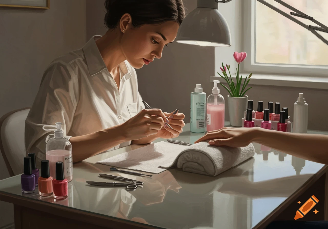 A photorealistic scene of a manicurist carefully working on a client's nails at a tidy nail salon table, surrounded by polishes and tools under soft light.