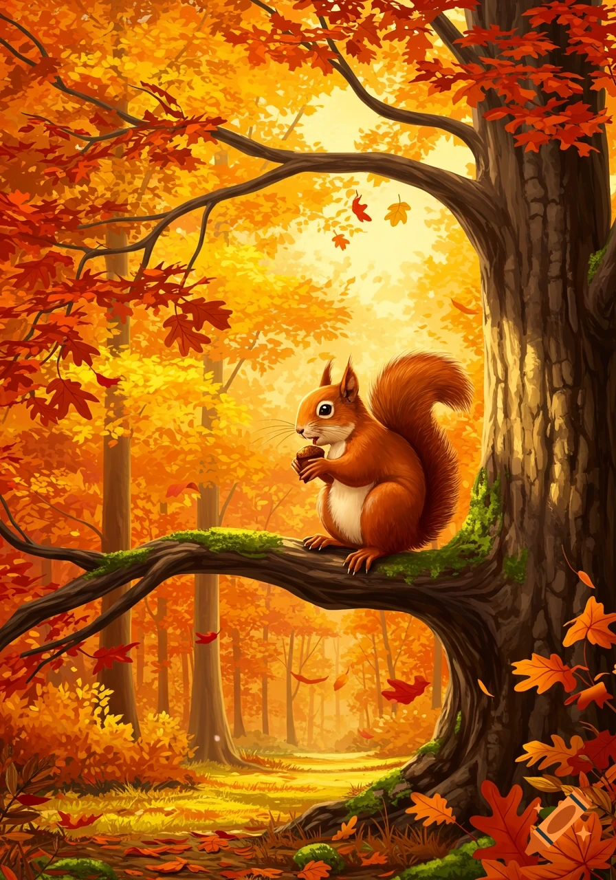 An illustration of a cute squirrel eating an acorn on a mossy branch in a vibrant autumn forest.