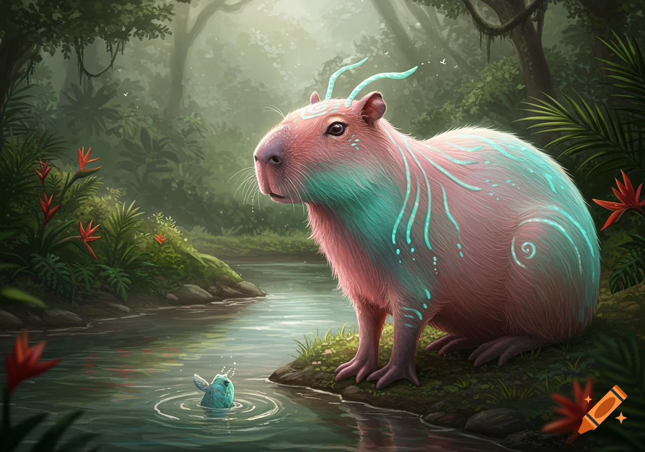 Pink and teal fantasy capybara with glowing patterns and antlers stands by a jungle river, looking at a small blue fish.
