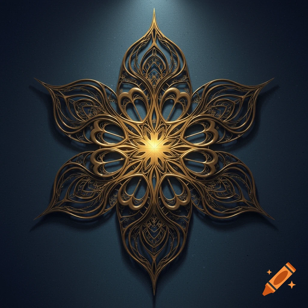 A golden, ornate, symmetrical mandala design with intricate filigree on a dark blue background.