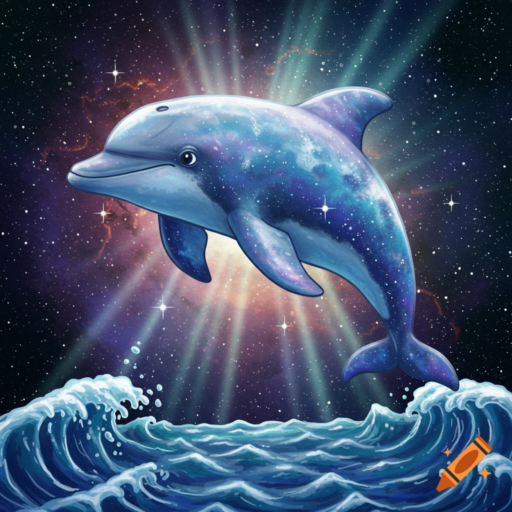A cosmic dolphin with a starry body leaps from ocean waves under a star-filled, nebulous sky with beaming lights.