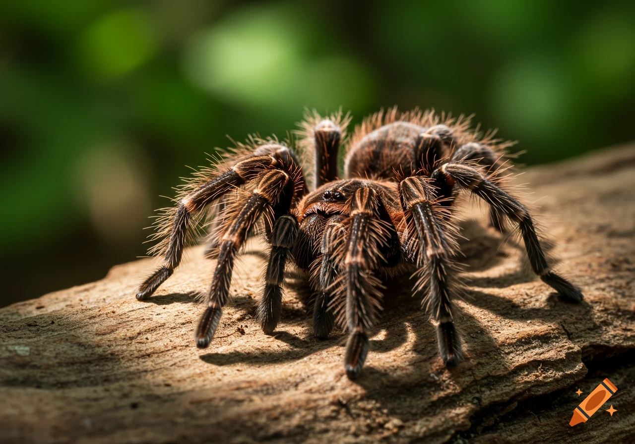 A photorealistic tarantula with hairy legs crawls on a textured wooden log against a blurred green background.
