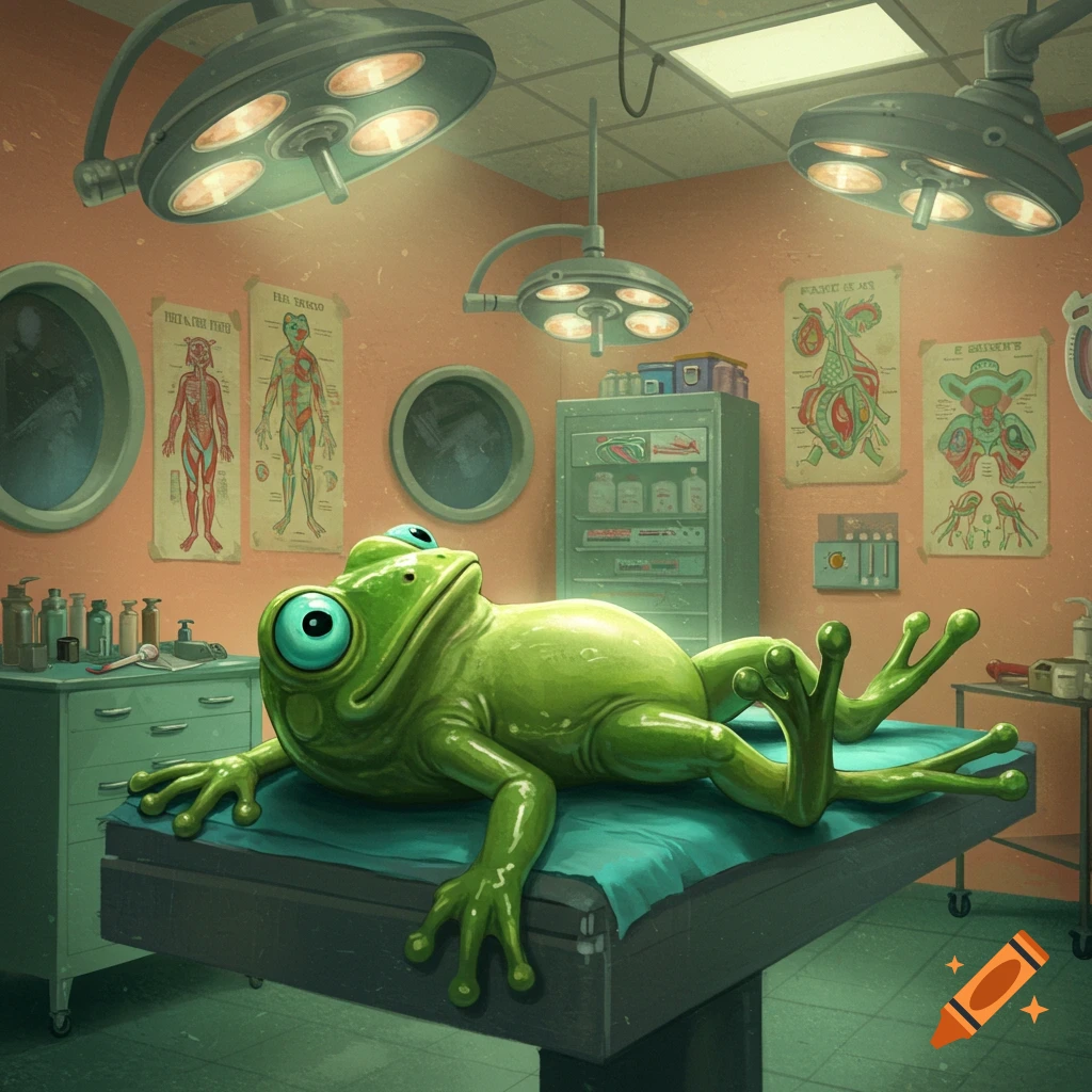 A surprised, cartoonish green frog lies on an operating table in a surgery room.
