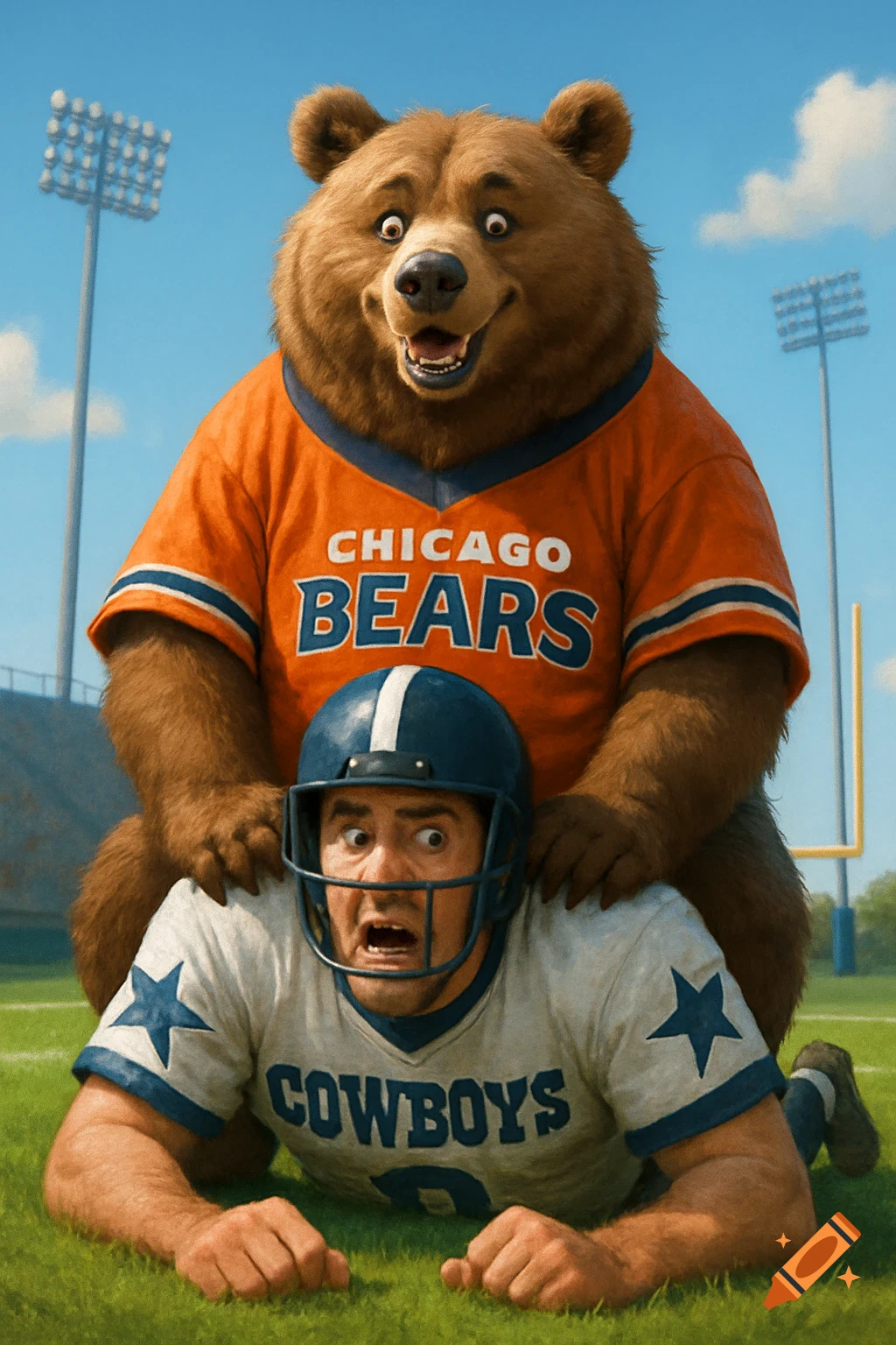 A cartoon bear in a Chicago Bears jersey sits on a frightened football player in a Dallas Cowboys jersey on a green field.