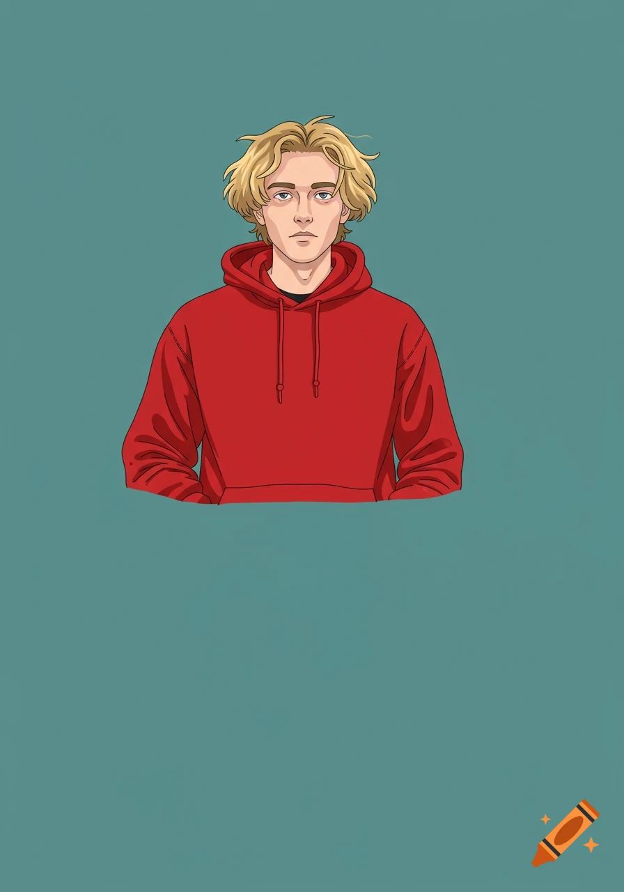 An illustration of a young man with messy blonde hair wearing a red hoodie, against a teal background.