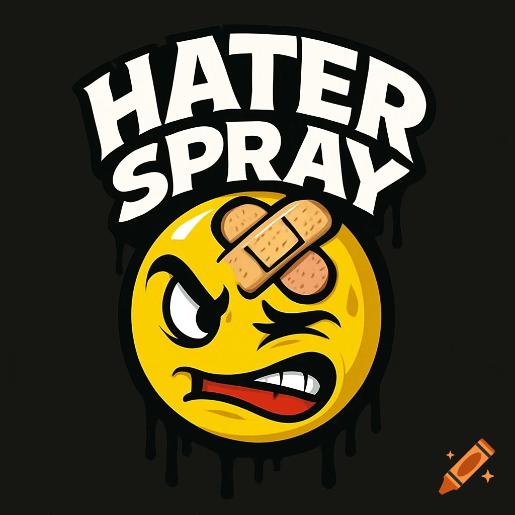 Cartoon logo of an angry yellow emoji with a band-aid on its eye and gritted teeth. White text 'HATER SPRAY' drips above it.