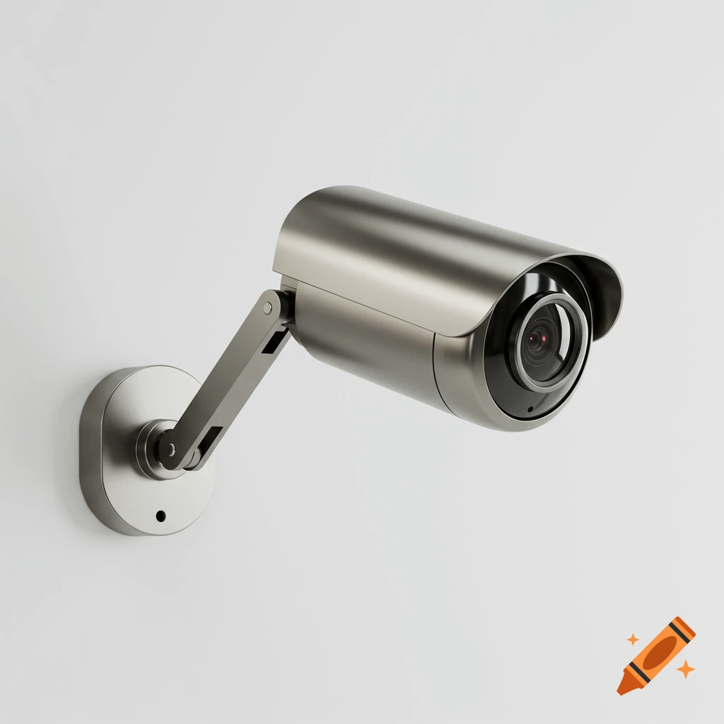 A modern, metallic surveillance camera with a cylindrical body and an articulated arm is mounted on a plain white wall.