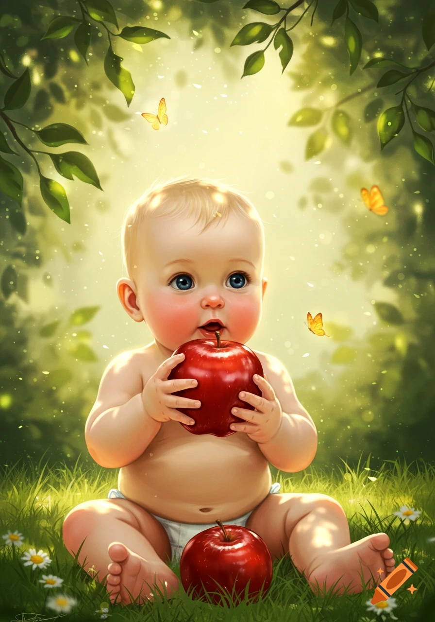 A cute baby in a diaper sits in a vibrant green garden, holding a large red apple, with another apple on the grass. Butterflies flutter around.