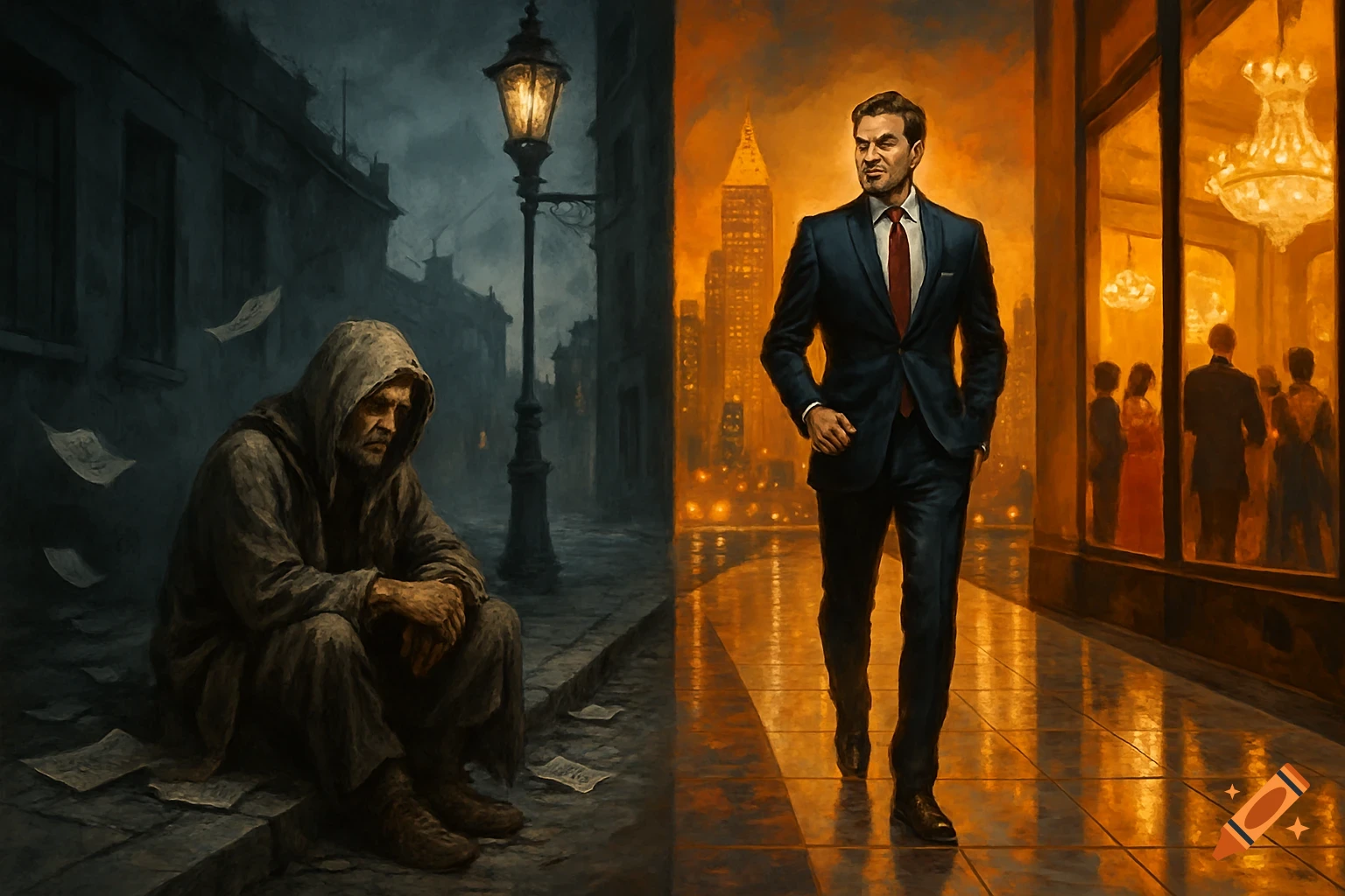 Painting showing a homeless man on a dark, grim street next to a bright, vibrant street with a well-dressed businessman.
