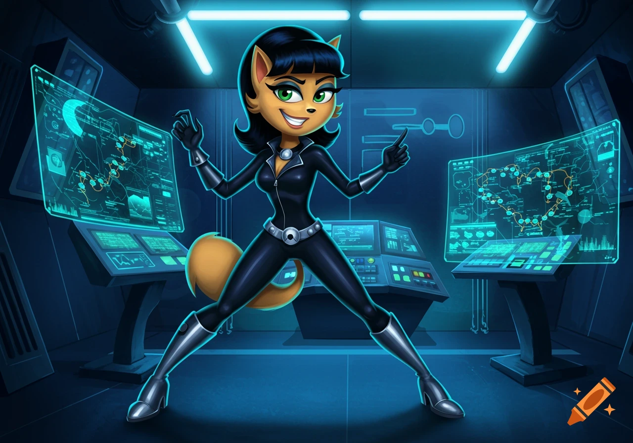 A cartoon anthropomorphic cat character in a black bodysuit in a futuristic control room with glowing screens.