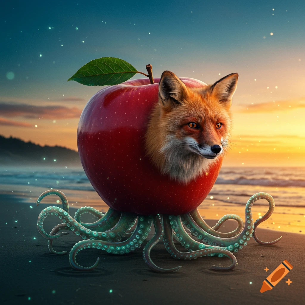 A surreal image of a fox-headed apple with octopus tentacles on a beach at sunset.