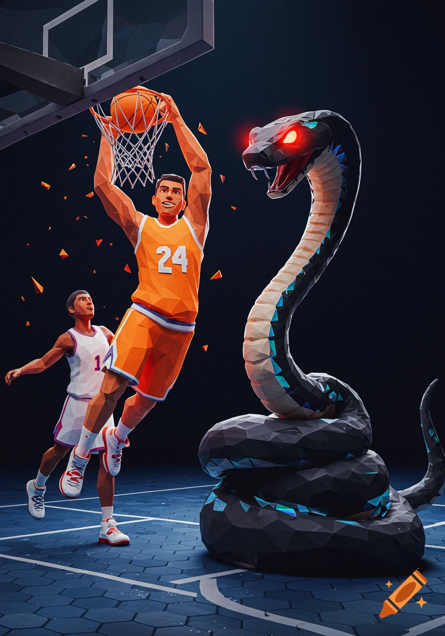 Low-poly basketball player in an orange #24 jersey dunks the ball as a giant black mamba snake with glowing red eyes attacks on a court.
