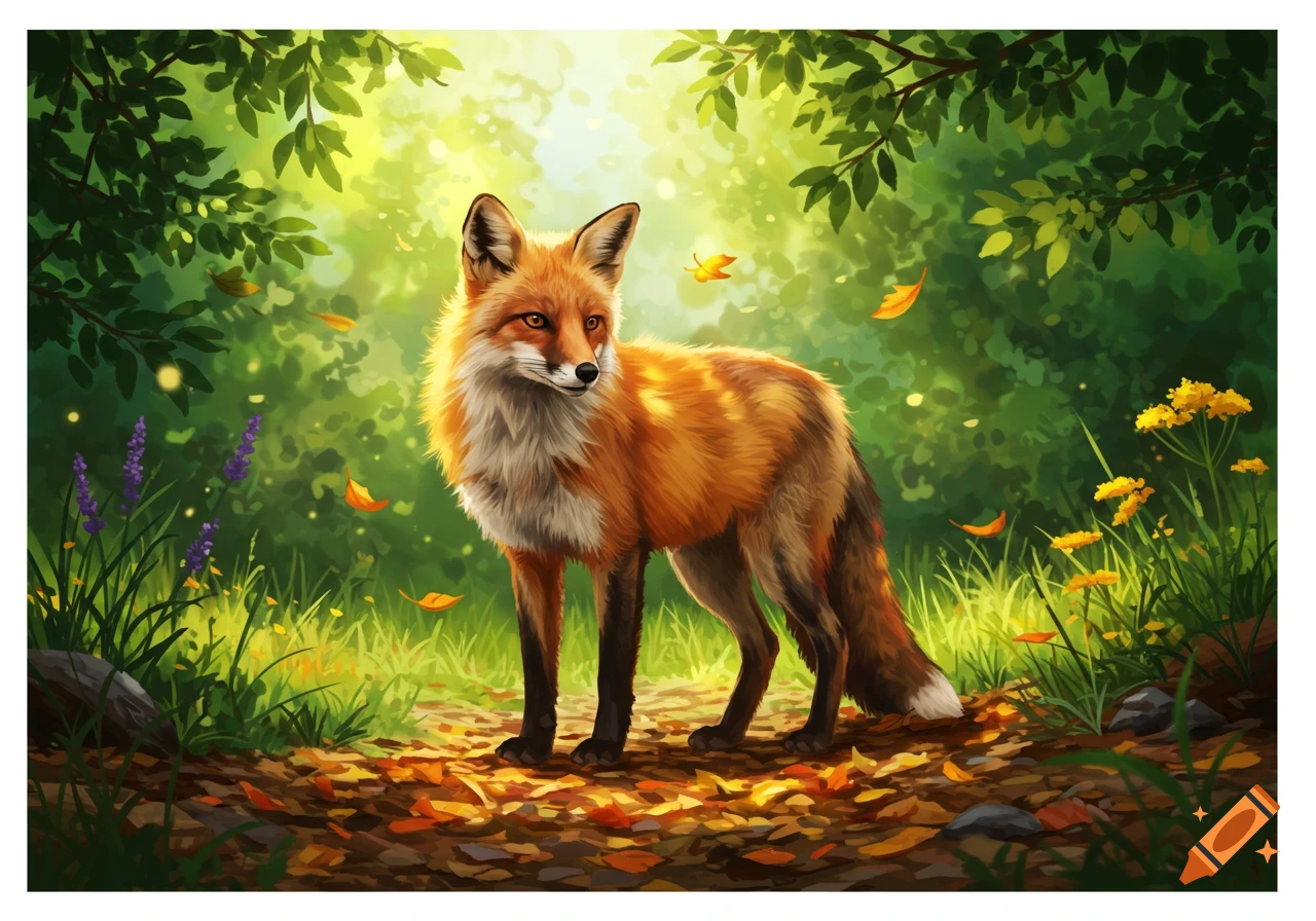 A vibrant red fox stands on a leaf-strewn forest path, bathed in dappled sunlight, with falling autumn leaves in an illustrative style.