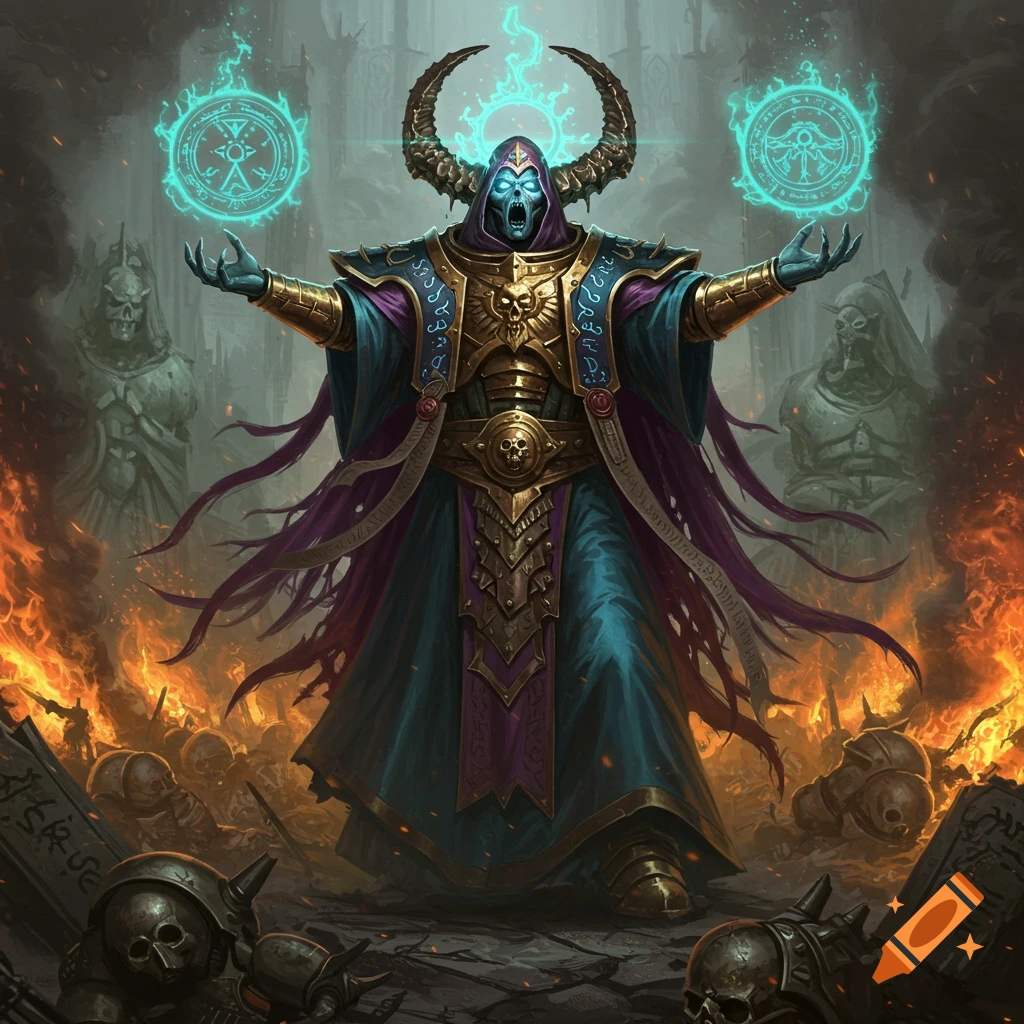 A powerful horned sorcerer in blue and gold robes stands amidst flames and skulls, casting glowing blue magical symbols.