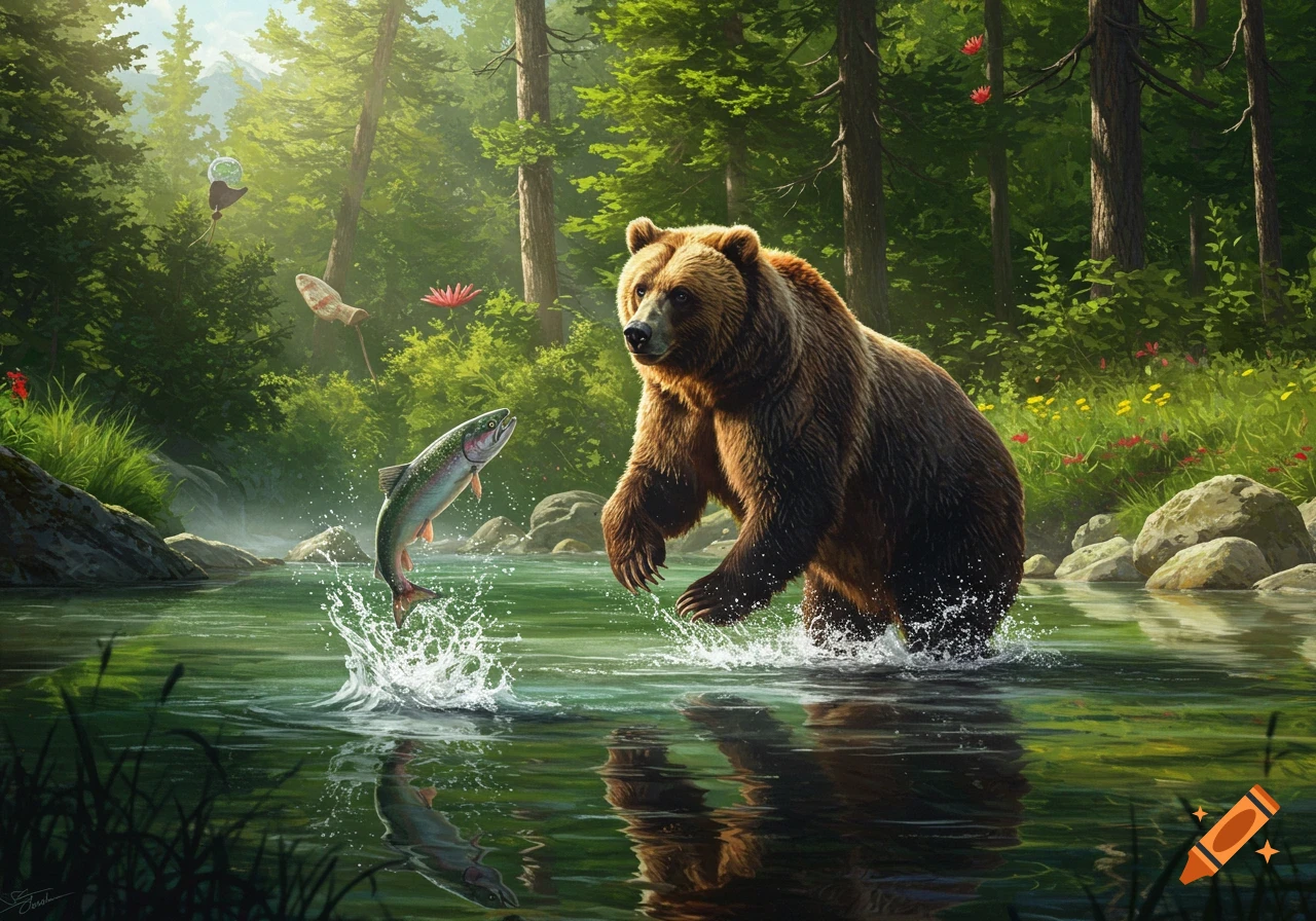 A brown bear stands in a sunlit river, reaching for a salmon leaping out of the water in a lush green forest.