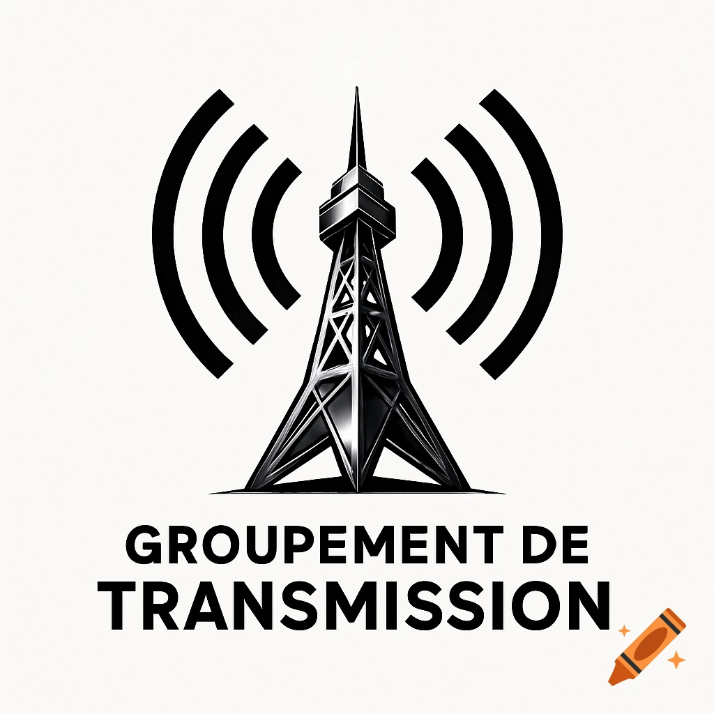 Black and white logo of a stylized radio tower emitting signals, with 'GROUPEMENT DE TRANSMISSION' text below.