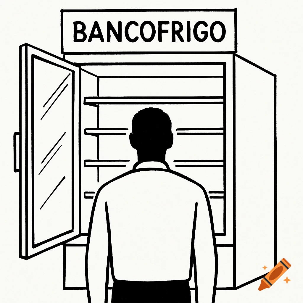 A minimalist black and white line art illustration of a man looking into an empty refrigerated display case with 'BANCOFRIGO' text on top.