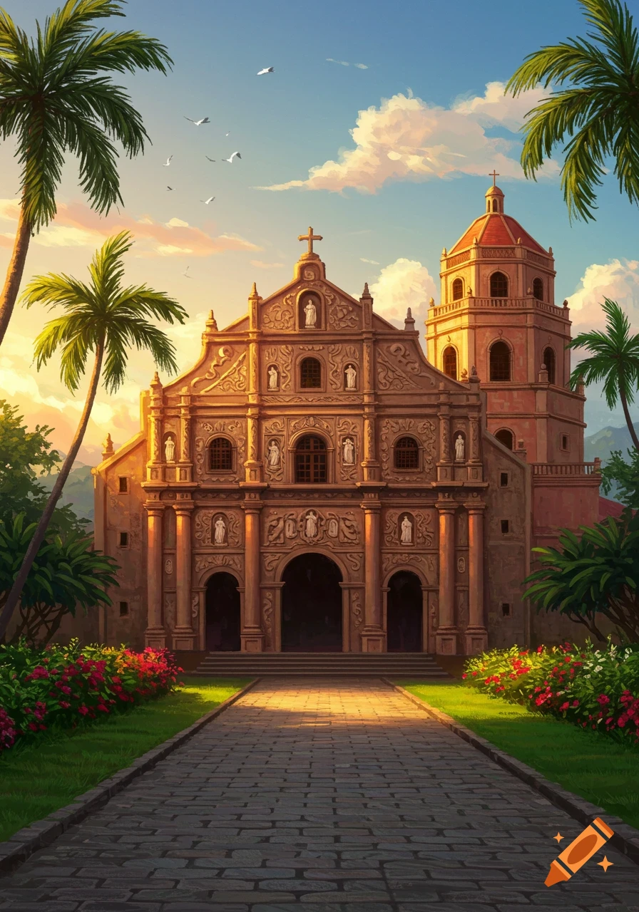 Detailed painting of a grand historic basilica with a bell tower, surrounded by palm trees and lush flowers under a sunset sky.