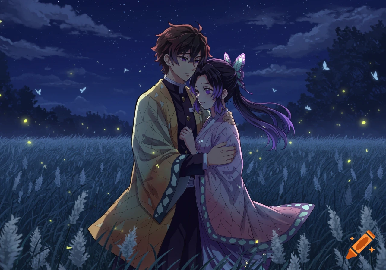 Anime couple embracing in a field with fireflies under a starry night sky.
