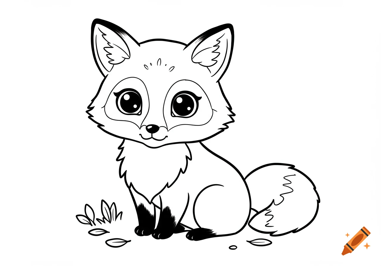 Black and white line drawing of a cute, cartoon fox sitting with big eyes and a fluffy tail, surrounded by a few leaves.