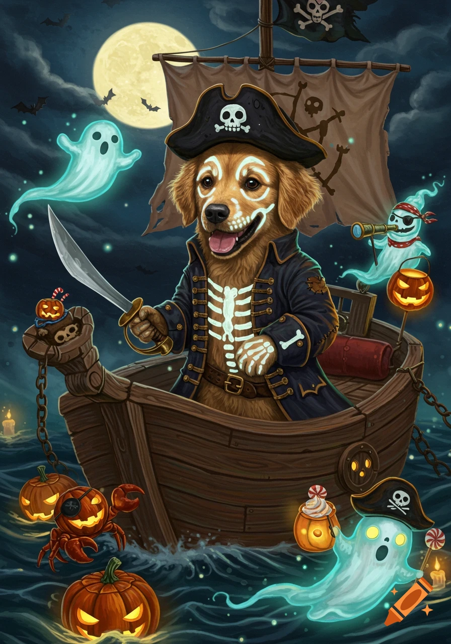 Whimsical Halloween illustration of a golden retriever pirate captain with skeleton face paint on a ship with ghosts, pumpkins, and a full moon.