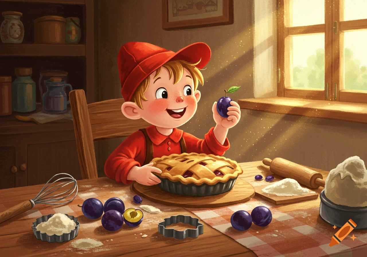 Happy cartoon boy in a kitchen, holding a plum and a freshly baked pie, surrounded by baking ingredients.