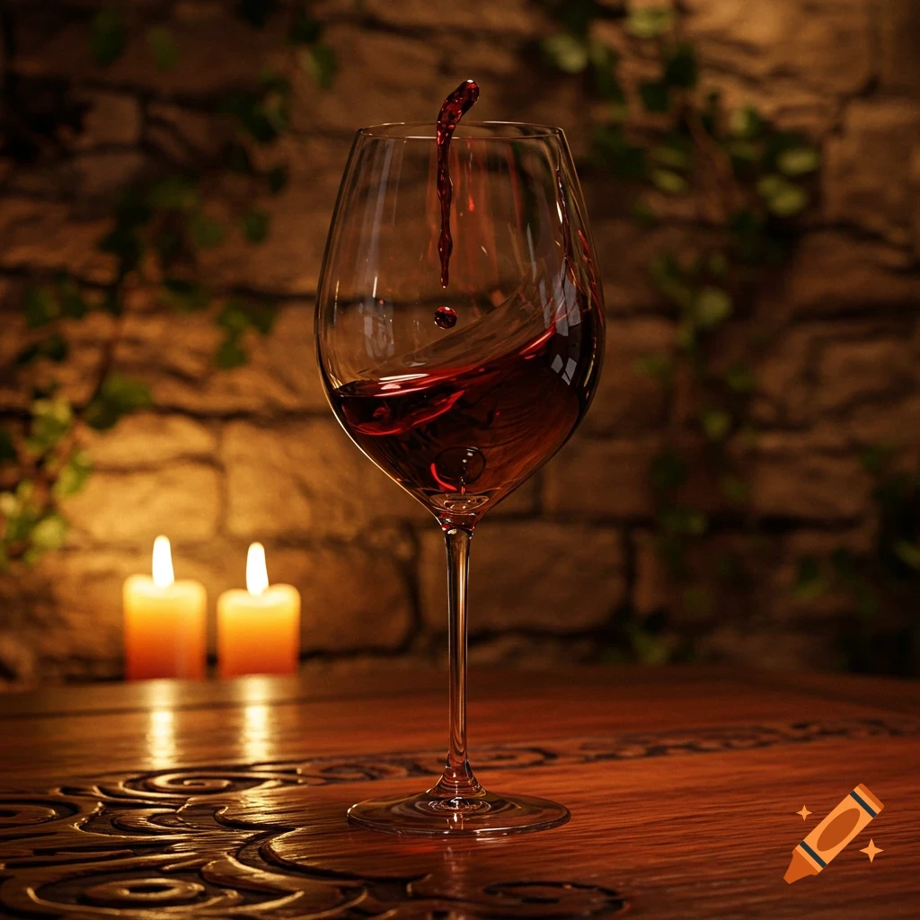 Photorealistic image of a wine glass overflowing with red wine, splashing on a carved wooden table with lit candles and a stone wall in the background.